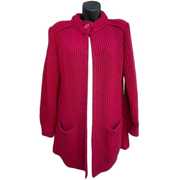 VTG 90s Red Ribbed Knit Cardigan Sweater High Neck One Button Women’s M - Picture 2 of 8